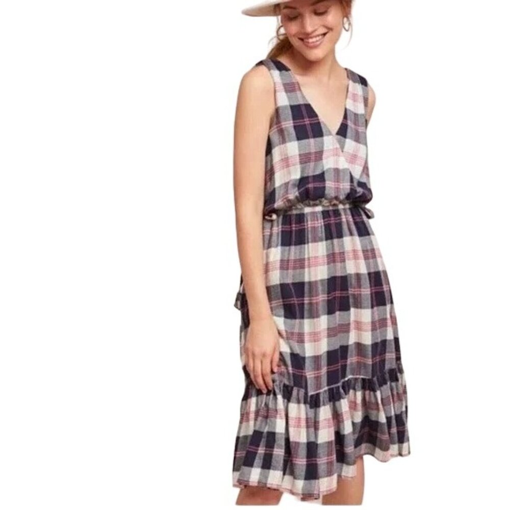 Isabella Sinclair Dickens Plaid Criss Cross Ruffle Hem Dress, Sz XS